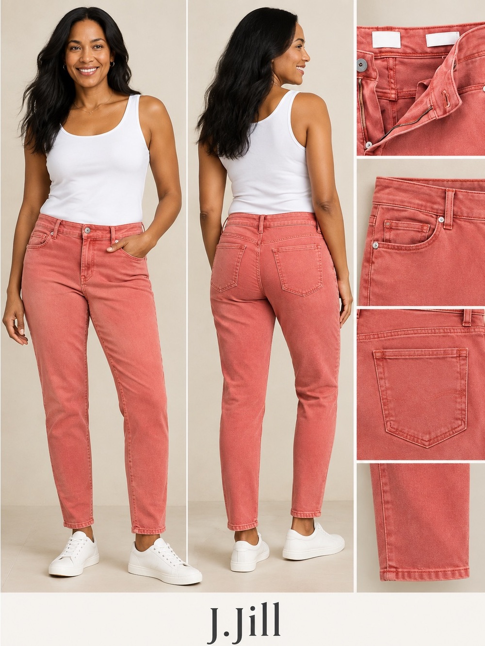 J.Jill Authentic Fit Slim Ankle Jeans 12 Tall Coral Pink Stretch Denim